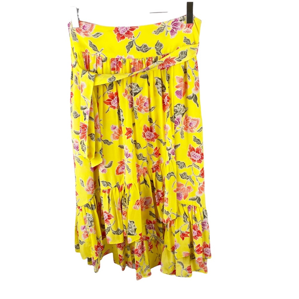 JOIE Yellow Ruffle Faux Wrap Floral SILK Midi Skirt with Tie Size 6 - Picture 3 of 11